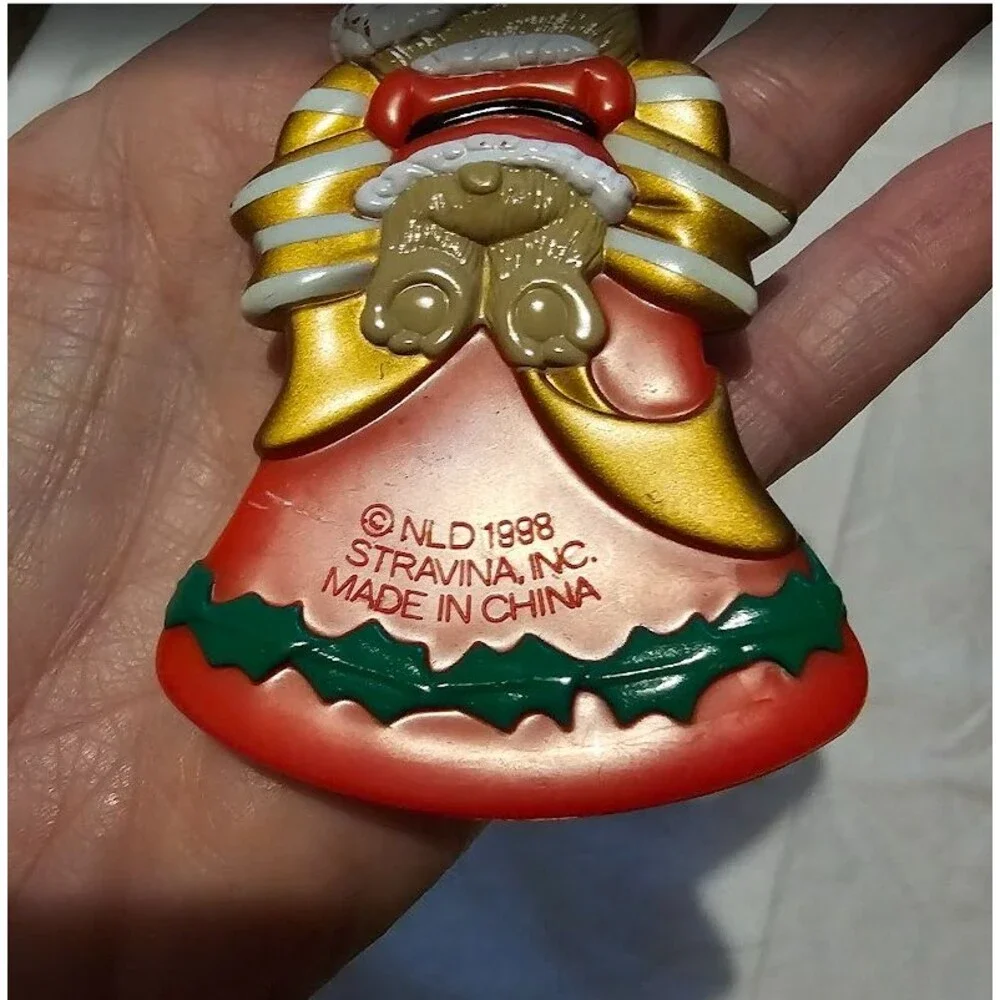 Stravina Personalized Ornament BEAR Bell Morgan Plastic Gold and Red Ribbon